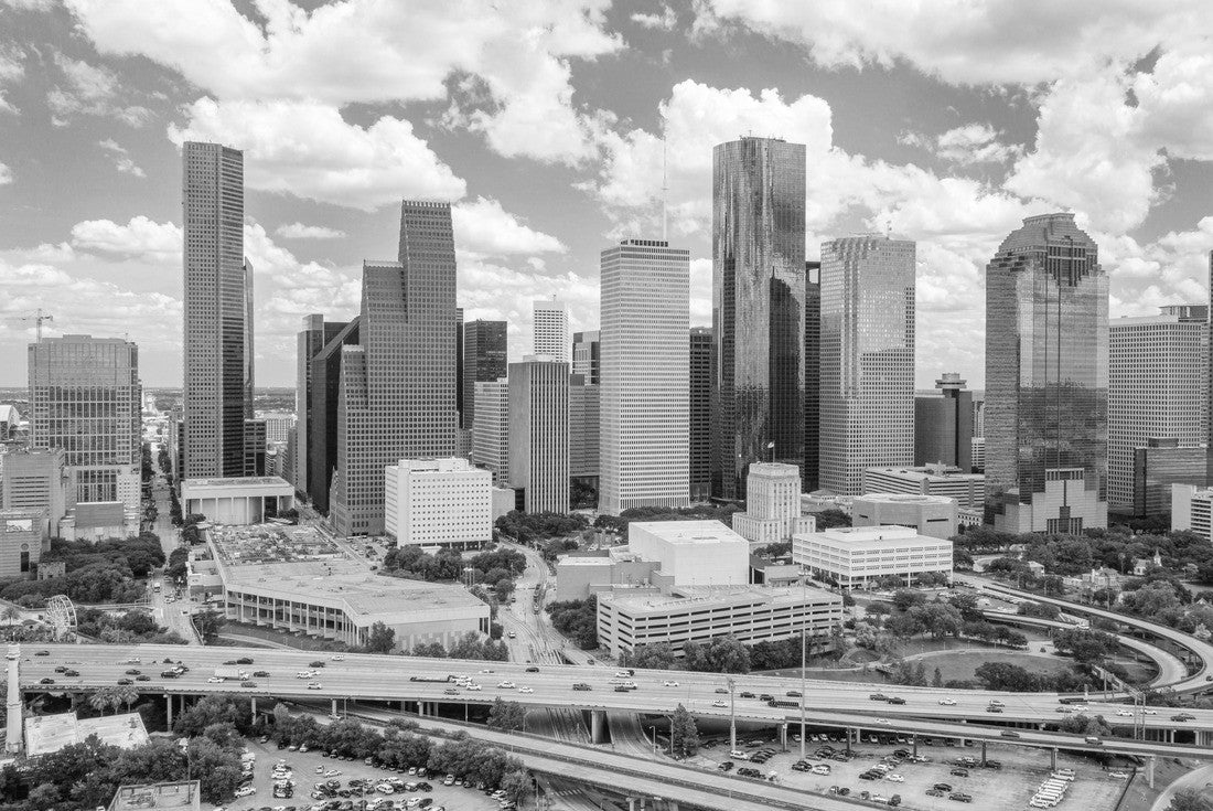 Noah Jigsaw Puzzle Skyline view of downtown Houston during the day with cityscape and freeway in view in black white 2000 pieces