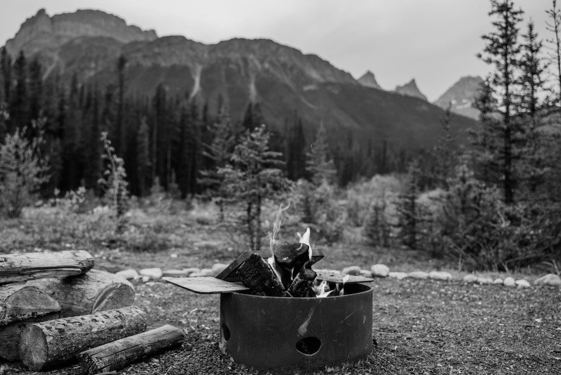 Noah Jigsaw Puzzle Bonfire on the campsite in Banff National Park, Alberta, Canada in black white 2000 pieces