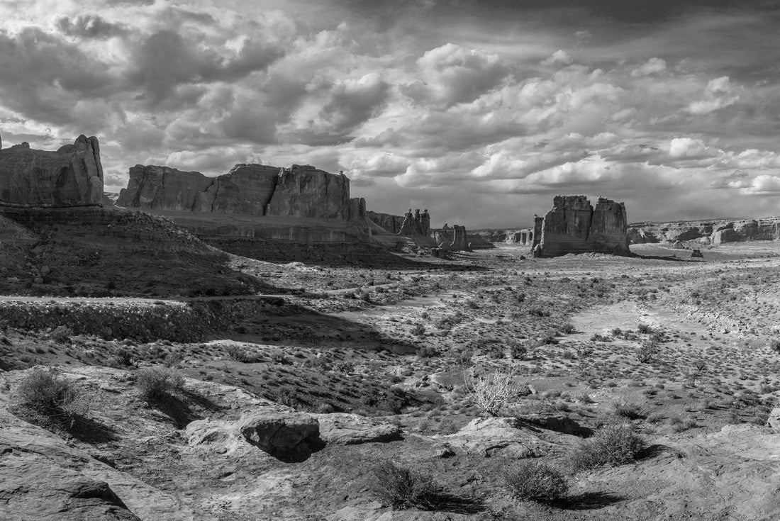 Scenic overlook of towering sandstone giants seen along Arches Scenic Drive near the Park Avenue section of Arches National Park, Moab, Utah 2000pc PuzzleBlack and White