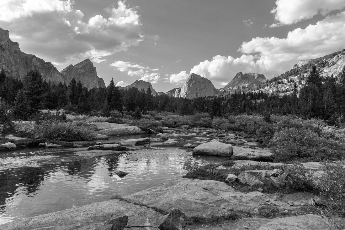 The East Fork River in the Wind River Range of Wyoming. Left to right, Ambush Peak, Raid Peak and Midsummer Dome are seen to the north 2000pc PuzzleBlack and White