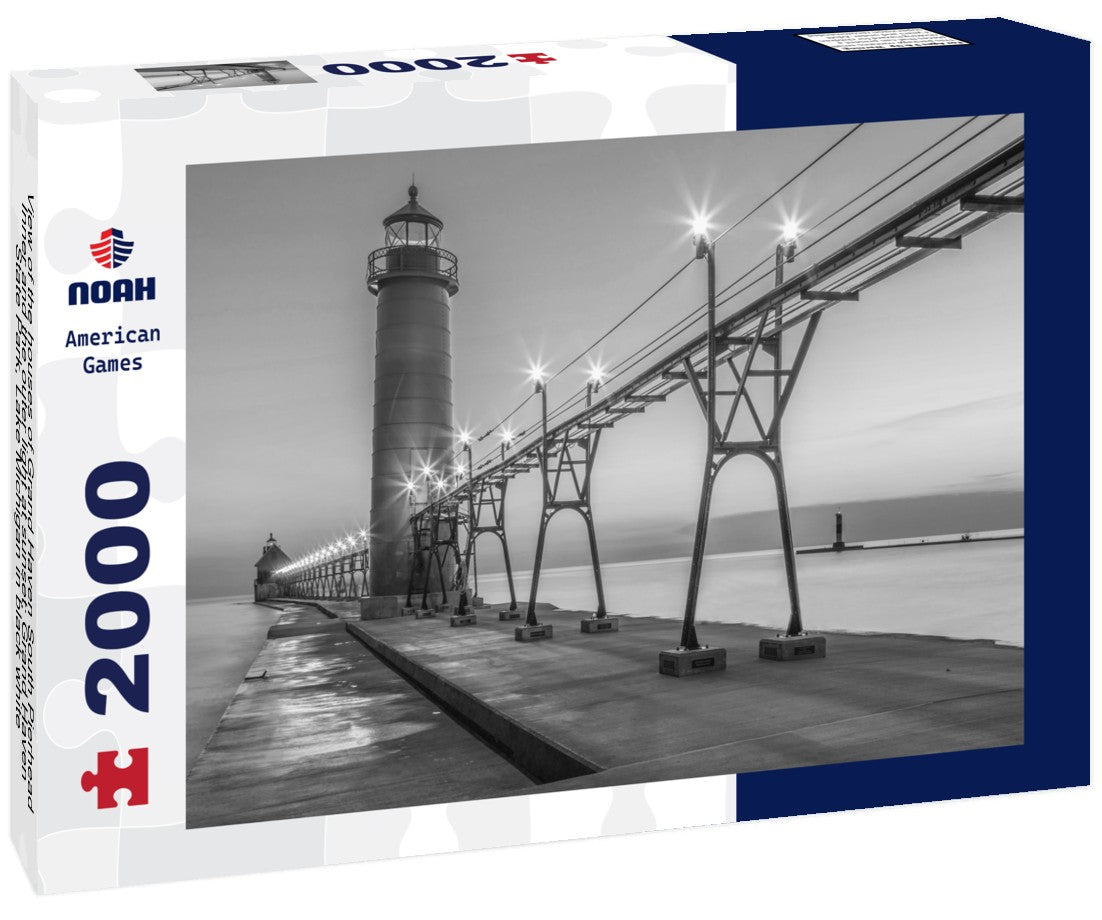 the houses of Grand Haven South Pierhead Inner and the outer light at sunset; Grand Haven State Park, Lake Michigan 2000pc PuzzleBlack and White