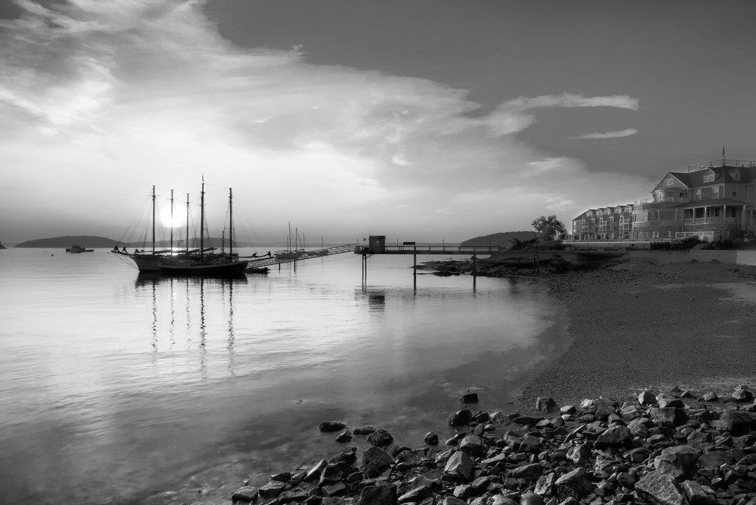 Morning sunrise at Bar Harbor Inn in Maine with a large sailboat highlighted by the rising sun 2000pc PuzzleBlack and White