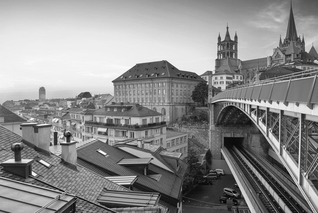 City of Lausanne. Cityscape of downtown Lausanne, Switzerland at beautiful autumn sunset 2000pc PuzzleBlack and White