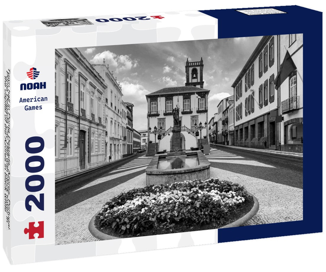 Town hall in Ponta Delgada, Azores, Portugal. Ponta Delgada City Hall with clock tower in the capital of the Azores 2000pc PuzzleBlack and White