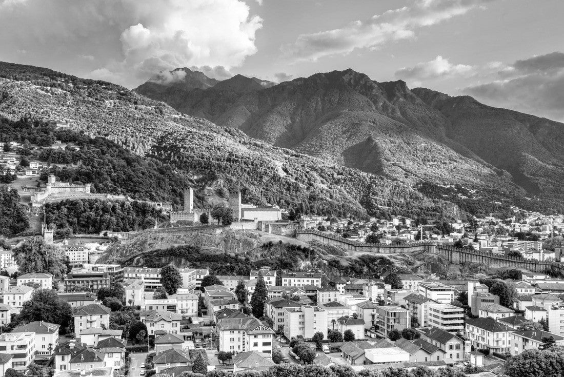 Noah Jigsaw Puzzle View of Bellinzona with the three castles. UNESCO World Heritage in Ticino, Switzerland in black white 2000 pieces