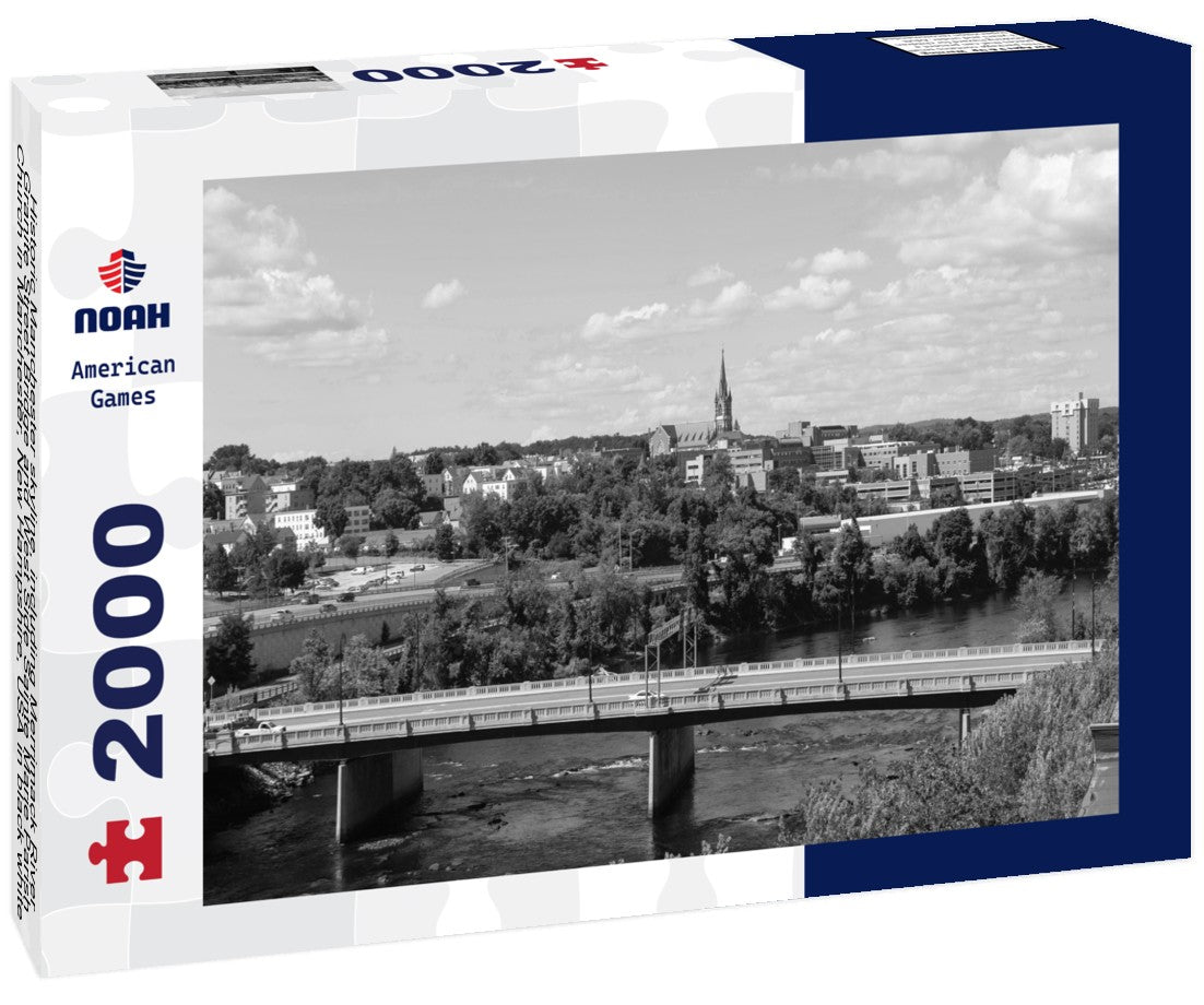 Historic Manchester skyline, including Merrimack River, Granite Street Bridge and West Side Sainte Marie Parish Church in Manchester, New Hampshire, USA 2000pc PuzzleBlack and White