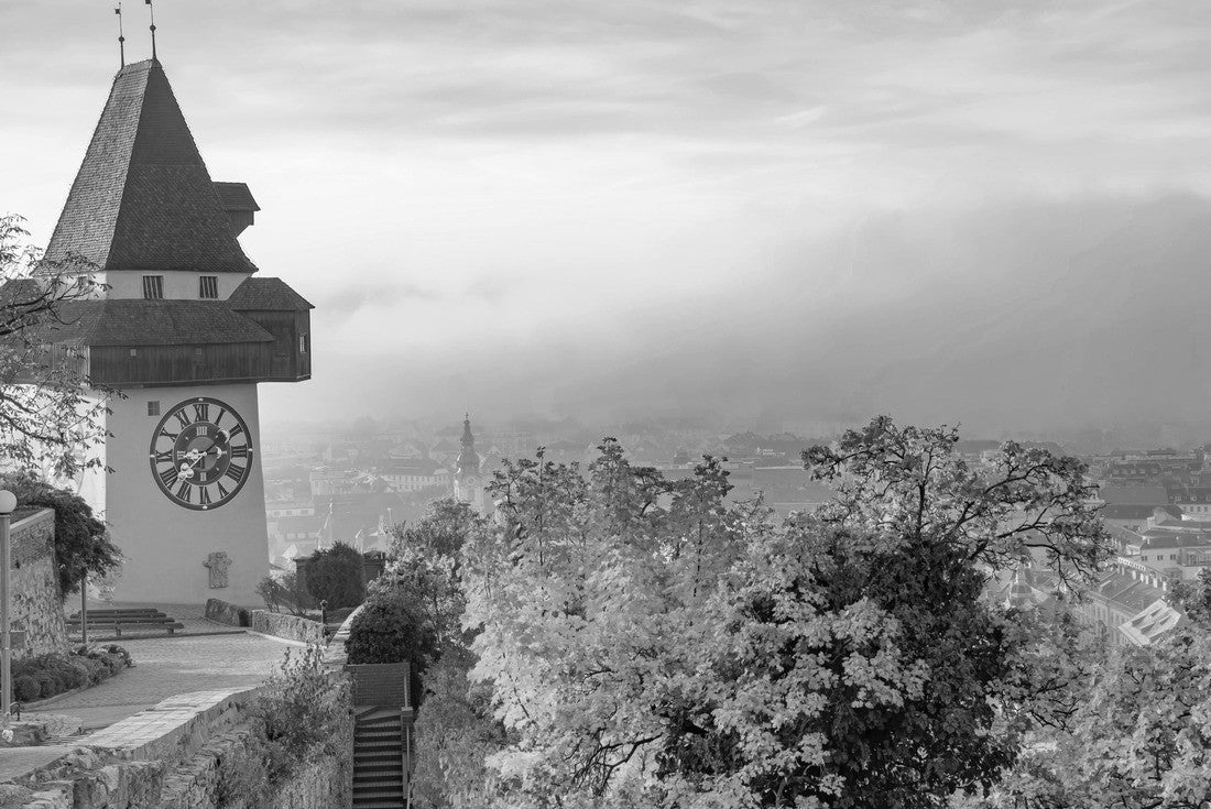Noah Jigsaw Puzzle The famous clock tower on the Schlossberg, in Graz, Styria, Austria, at sunrise in black white 2000 pieces