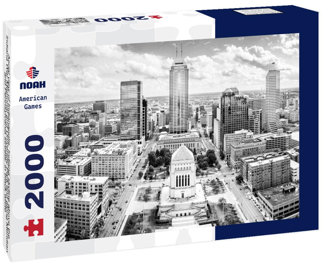 Aerial view of Indianapolis, Indiana skyline above the Indiana War Memorial and University Park and along Meridian and Pennsylvania streets. 2000pc PuzzleBlack and White