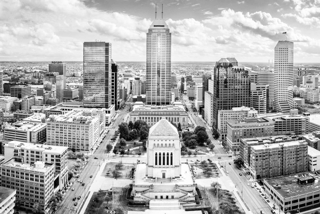Aerial view of Indianapolis, Indiana skyline above the Indiana War Memorial and University Park and along Meridian and Pennsylvania streets. 2000pc PuzzleBlack and White