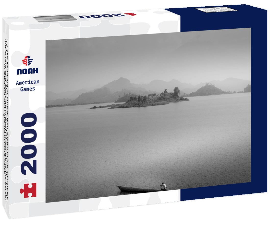 Lake Mutanda at sunset with a view of the volcanoes Muhavuru and Gahinga in East Africa, along the border of Rwanda and Uganda 2000pc PuzzleBlack and White