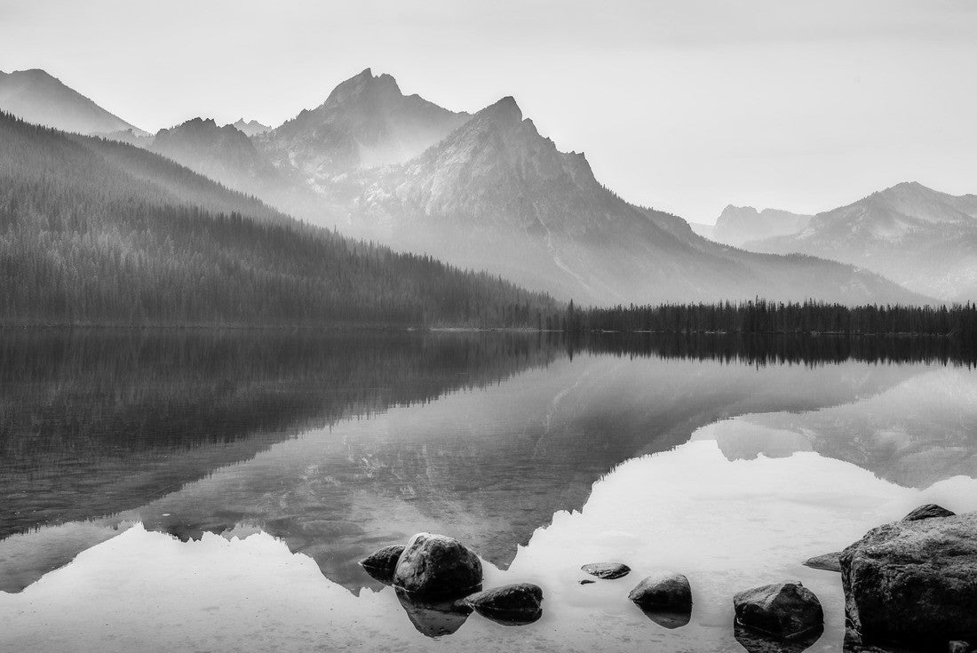Noah Jigsaw Puzzle Reflection of the Sawtooth Mountains in Red Fish Lake on a foggy morning, Stanley, Idaho in black white 2000 pieces