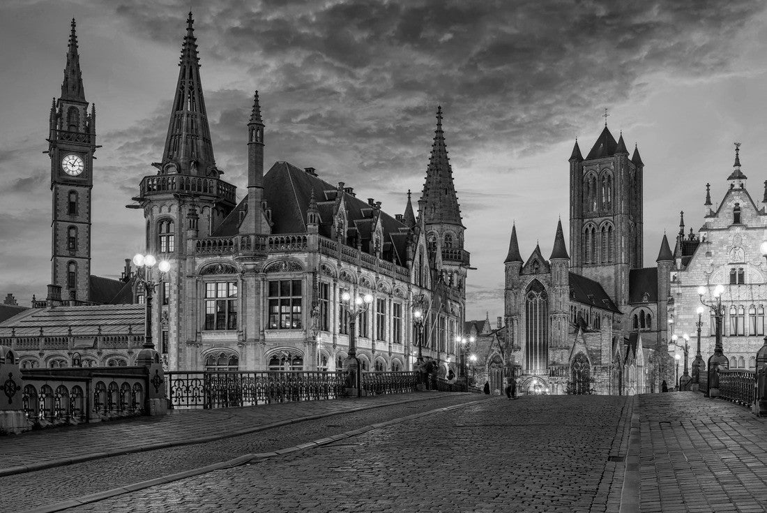 Medieval city of Ghent (Gent) in Flanders with St. Nicholas Church and Ghent City Hall, Belgium. Sunset city of Ghent 2000pc PuzzleBlack and White