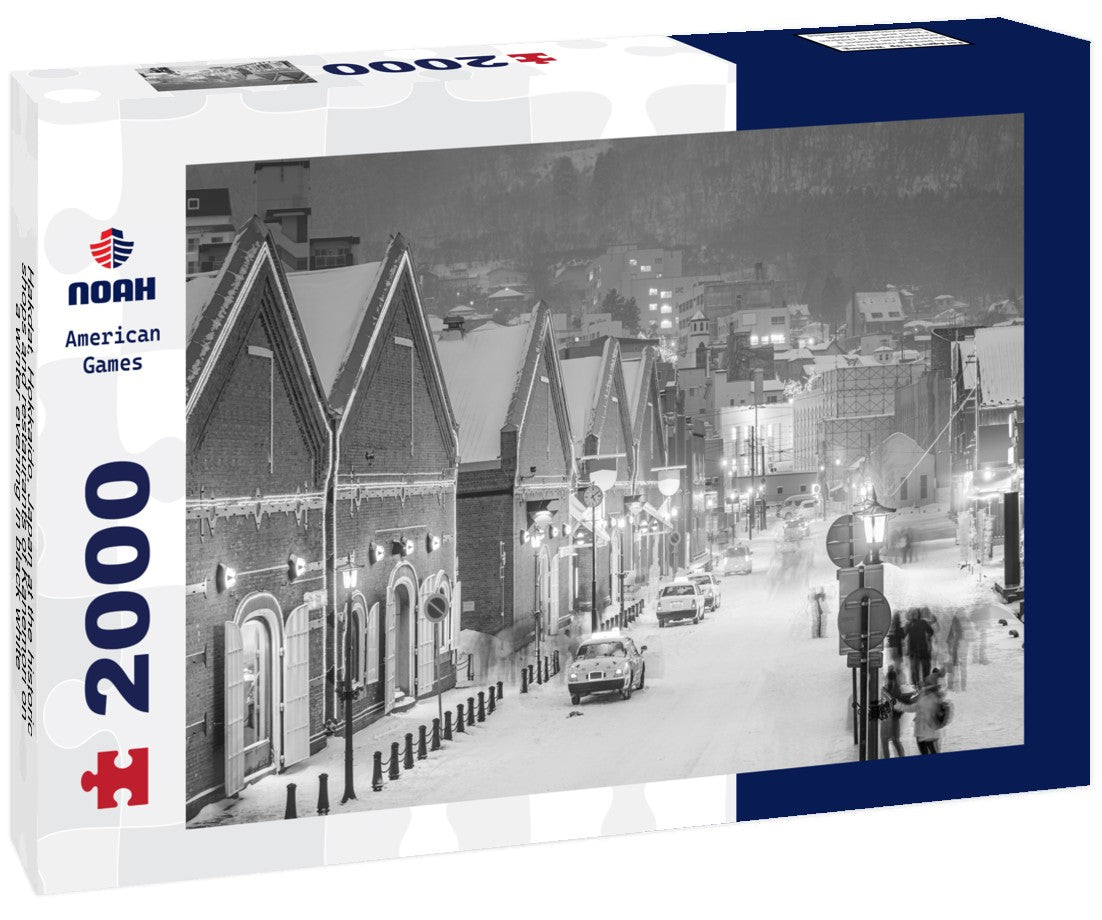 Hakdat, Hokkaido, Japan at the historic shops and restaurants of Kanemori on a winter evening 2000pc PuzzleBlack and White