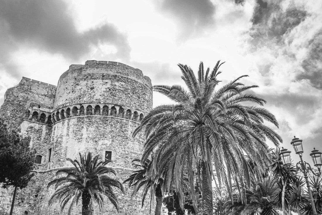 Aragonese Castle Castello Aragonese Medieval buildings and palm trees in Piazza castello square in Reggio Calabria, historical center, southern Italy 2000pc PuzzleBlack and White