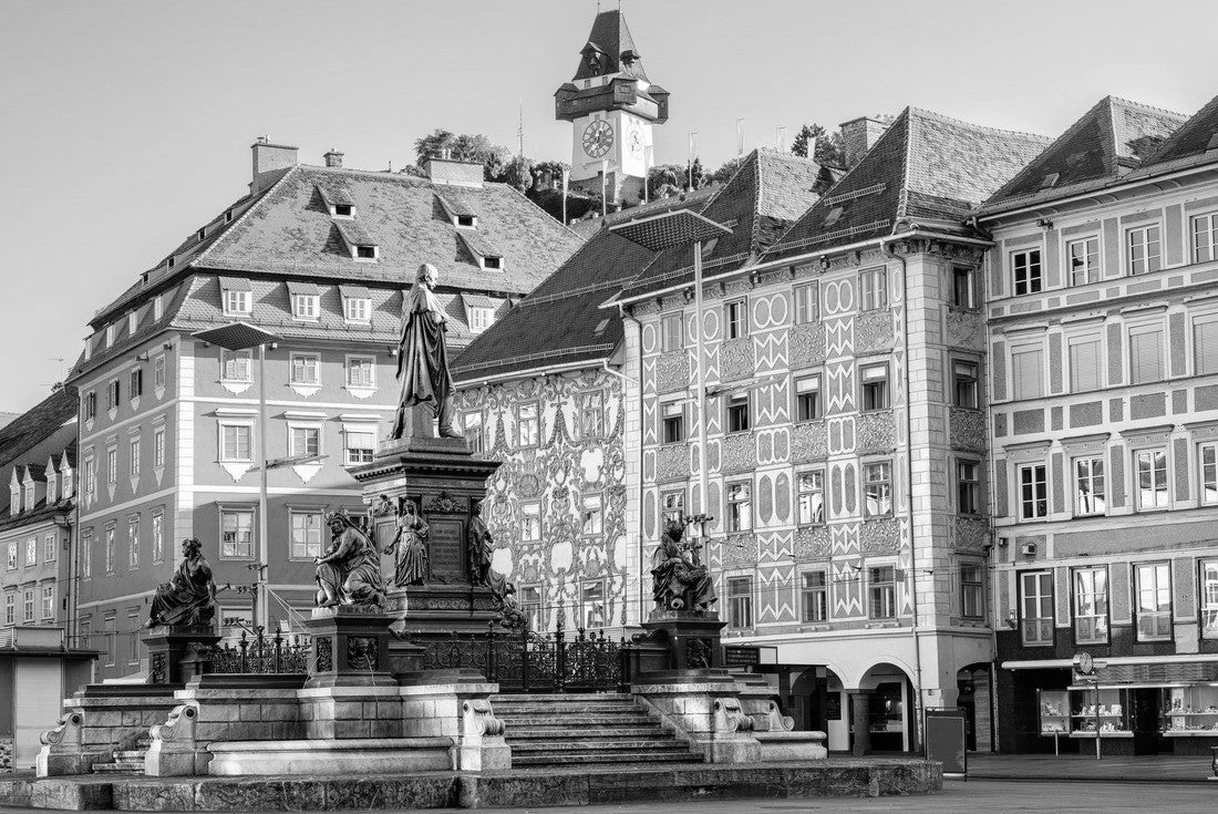 Painted facades and the clock tower in the old town of Graz, Austria, are on the UNESCO World Heritage List 2000pc PuzzleBlack and White