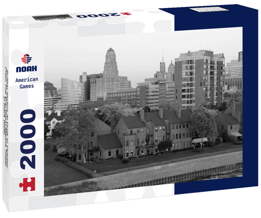 Buffalo Skyline At Dusk In October From The Erie Basin Marina Tower 2000pc PuzzleBlack and White