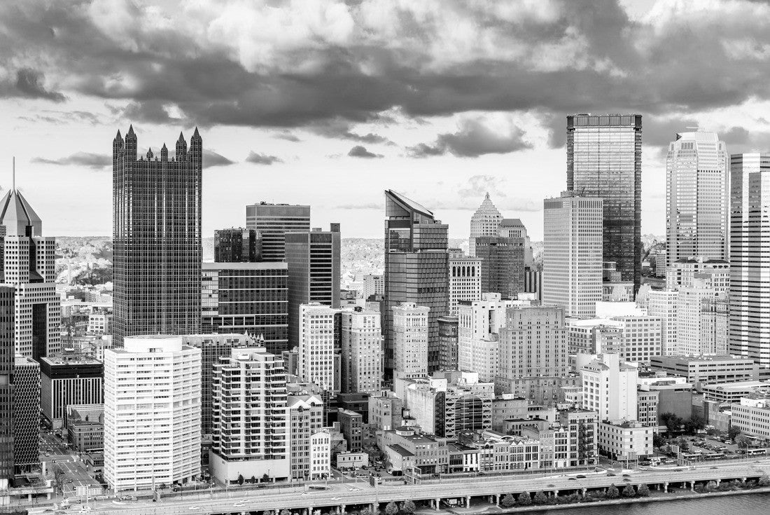 Pittsburgh downtown under a warm sunset light, viewed from Grandview Overlook across Monongahela River 2000pc PuzzleBlack and White