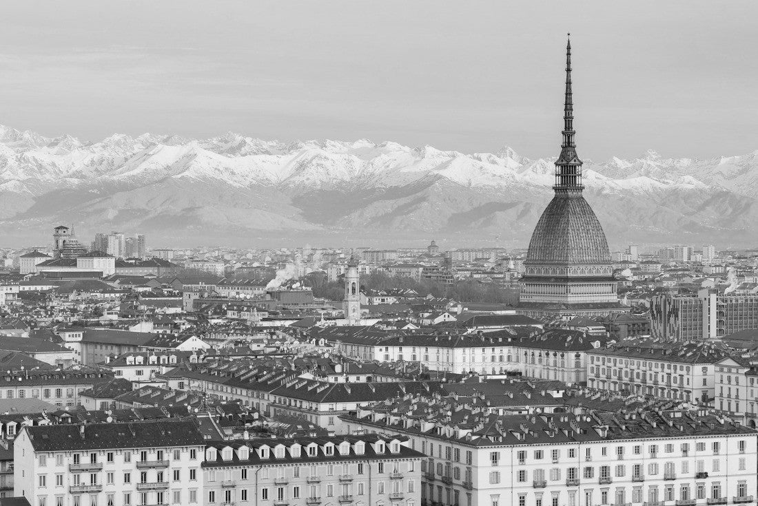 Turin, Italy: cityscape at sunrise with details of the Mole Antonelliana rising above the city. Snow-capped Alps in the background 2000pc PuzzleBlack and White