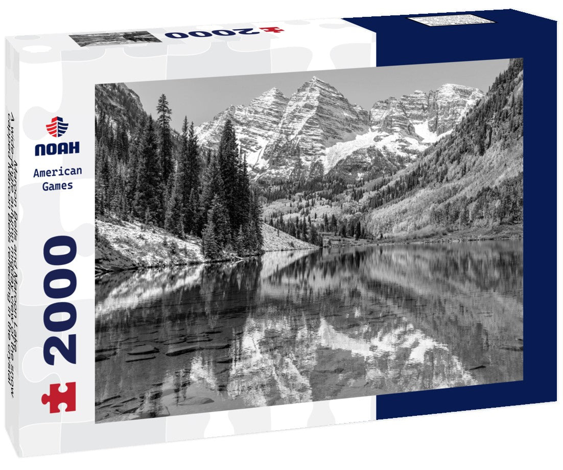 Maroon Bells and Maroon Lake - A wide-angle autumn midday view of the snow-capped Maroon Bells reflecting in the crystal-clear Maroon Lake, Aspen, Colorado, USA 2000pc PuzzleBlack and White