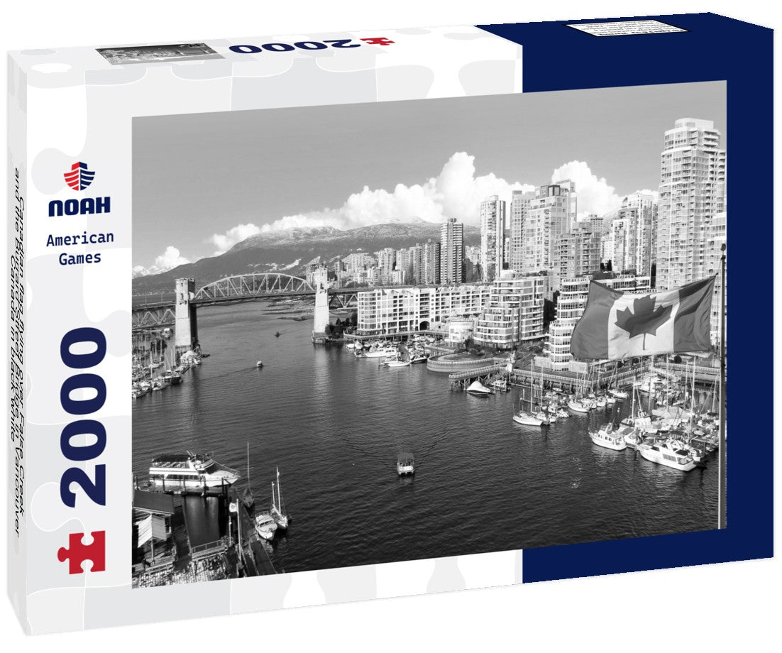 Canadian flag flying over False Creek and the Burrard Street Bridge in Vancouver, Canada 2000pc PuzzleBlack and White