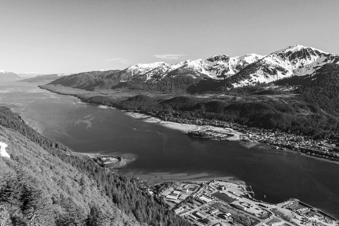 Juneau, Alaska. Aerial view of Gastineau Channel and Douglas Island 2000pc PuzzleBlack and White