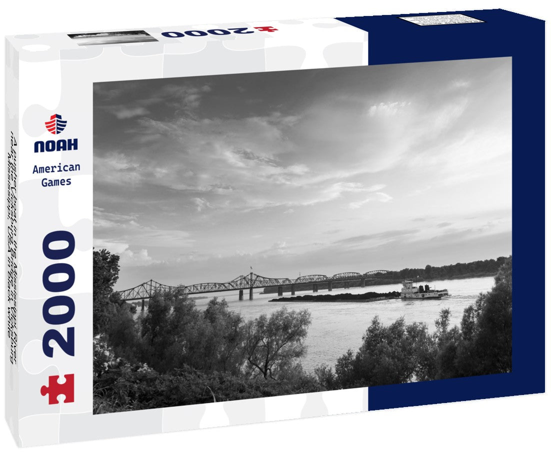 A pusher boat in the Mississippi River near the Vicksburg Bridge in Vicksburg, Mississippi, USA 2000pc PuzzleBlack and White