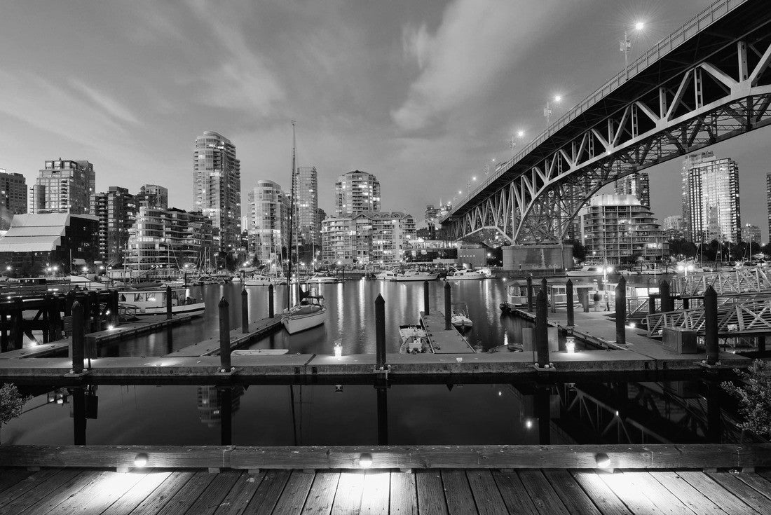 Vancouver False Creek at night with bridge and boat 2000pc PuzzleBlack and White