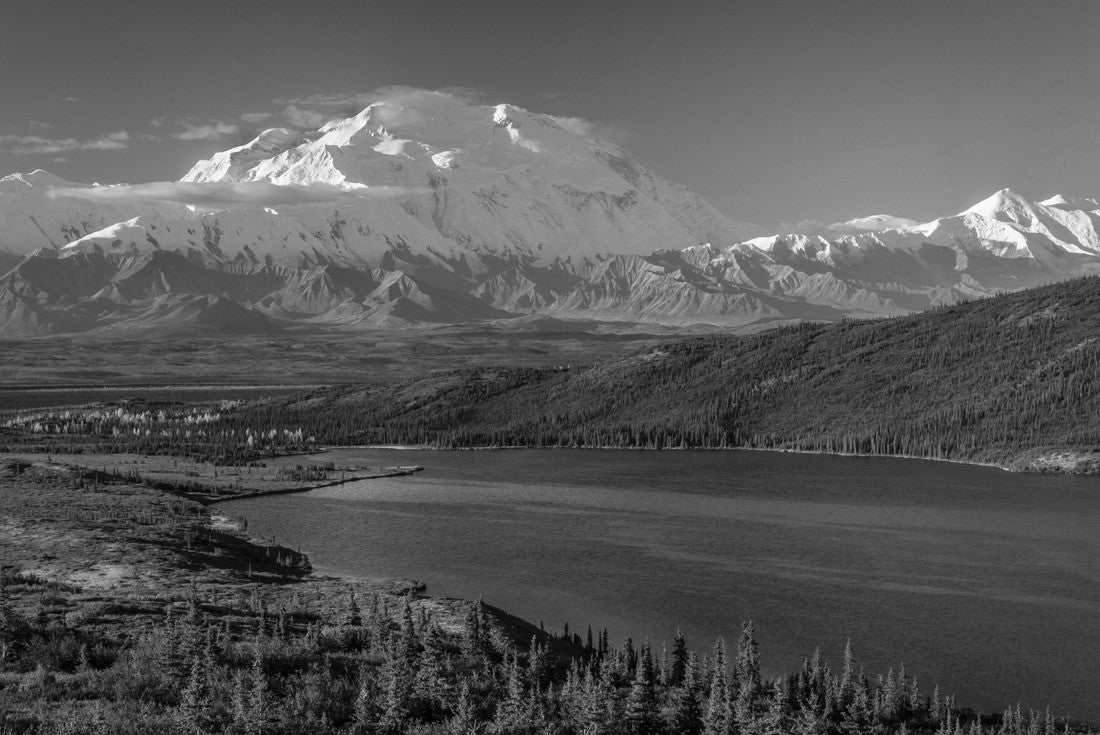 Noah Jigsaw Puzzle Mount Denali at Wonder Lake, previously known as Mount McKinley 20, 310 feet above sea level. Located in the Alaska Range, Denali National Park and Preserve, Alaska - Sunrise in black white 2000 pieces