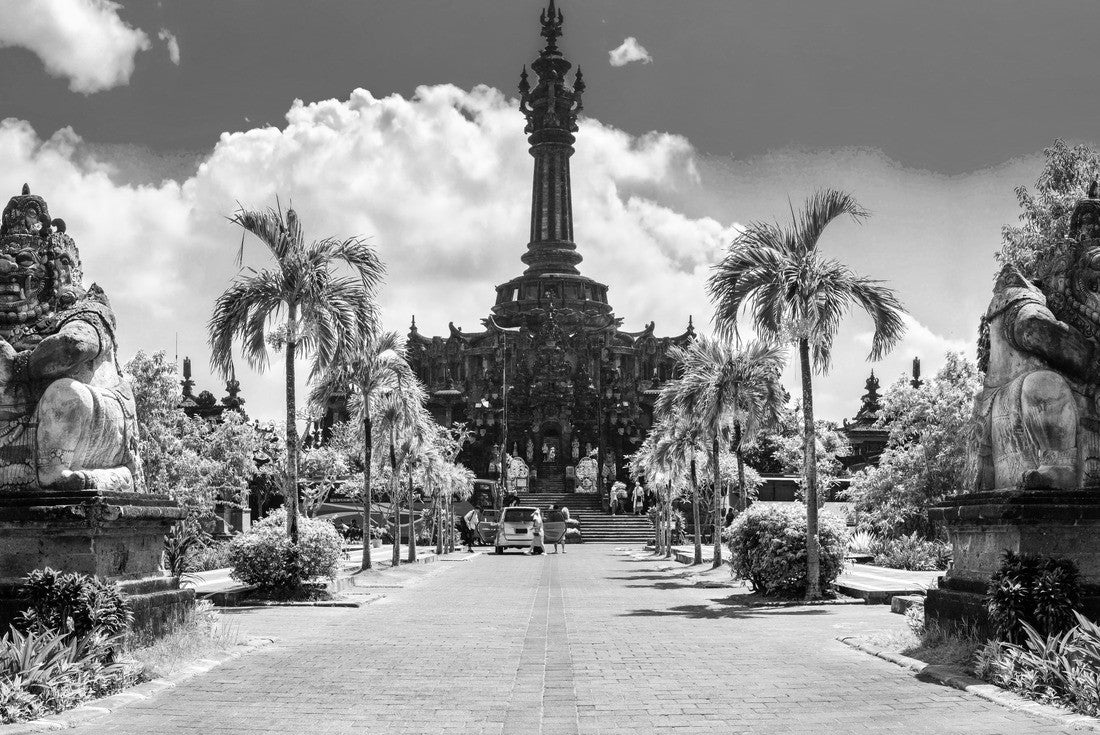 Noah Jigsaw Puzzle Panoramic landscape traditional Balinese Hindu temple Bajra Sandhi monument in Denpasar, Bali, Indonesia on background tropical nature and blue summer sky, Indonesia in black white 2000 pieces