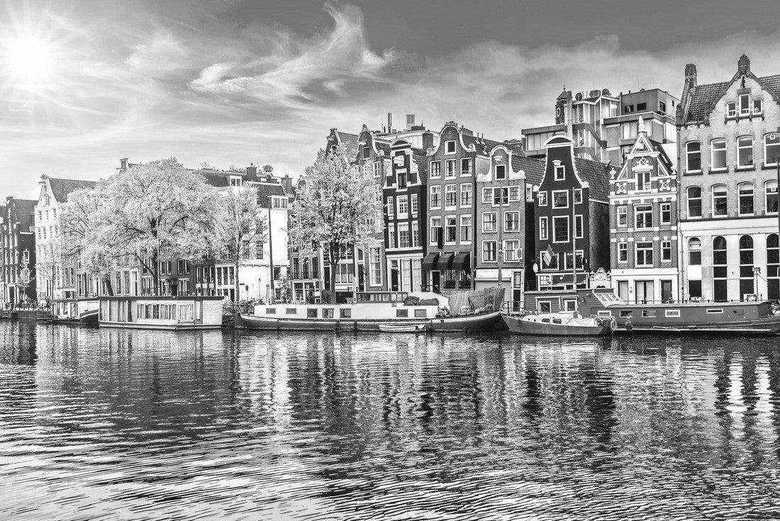 Noah Jigsaw Puzzle Amsterdam Dutch Dance Houses over the Amstel river landmark in the old European city spring landscape in black white 2000 pieces