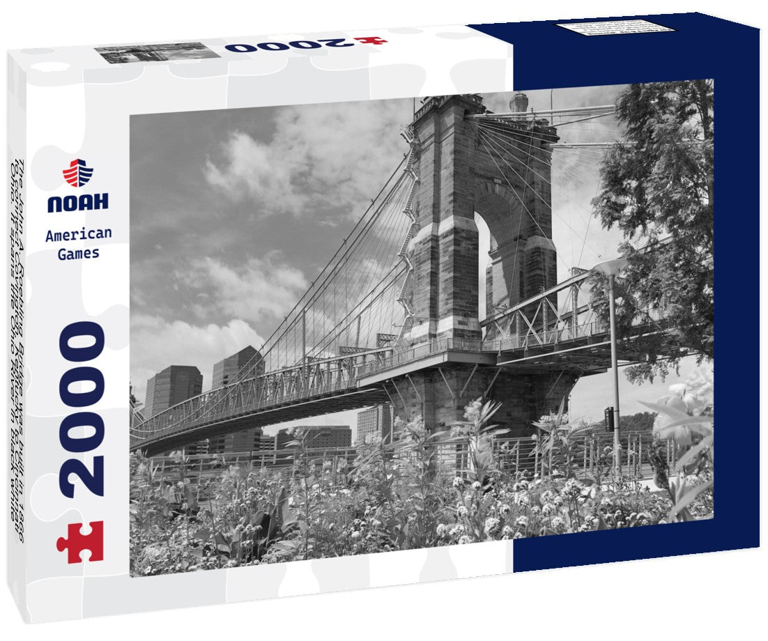 The John A. Roebling Bridge was built in 1866 to connect Covington, Kentucky to Cincinnati, Ohio. It spans the Ohio River 2000pc PuzzleBlack and White