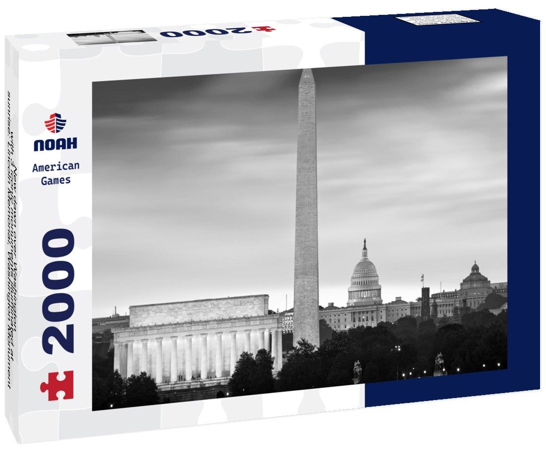 New dawn over Washington - with 3 iconic monuments illuminated at sunrise: Lincoln Memorial, Washington Monument and the Capitol Building 2000pc PuzzleBlack and White