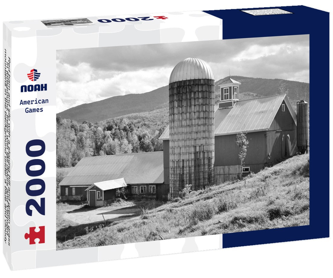 Red barn and silo with a sloping hill and green grass in foreground, trees with fall colors and Vermont mountains in the background under a blue and cloudy sky on a nice autumn day 2000pc PuzzleBlack and White