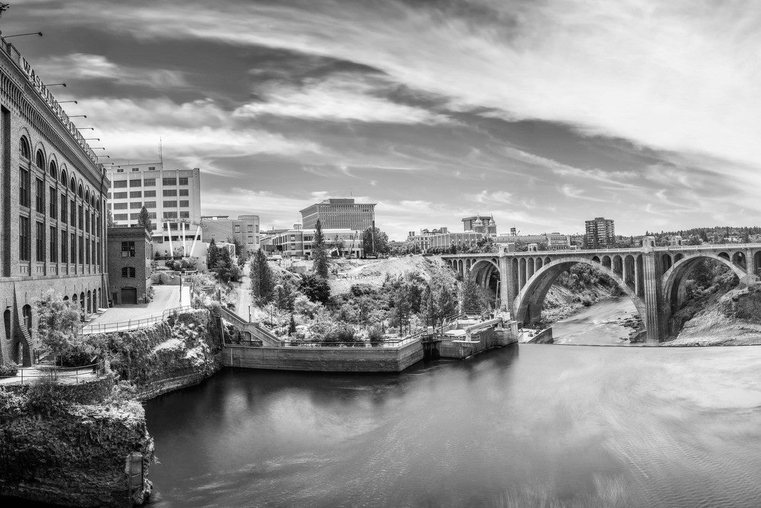 cityscape view of Washington Water Power building and the Monroe Street Bridge along the Spokane river, in Spokane, Washington 2000pc PuzzleBlack and White