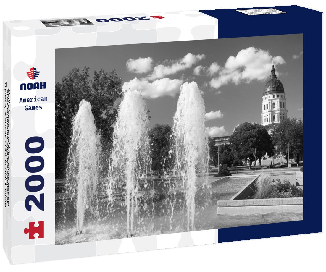 Soft clouds and blue skies appear over fountains and the capitol of Topeka, Kansas USA 2000pc PuzzleBlack and White