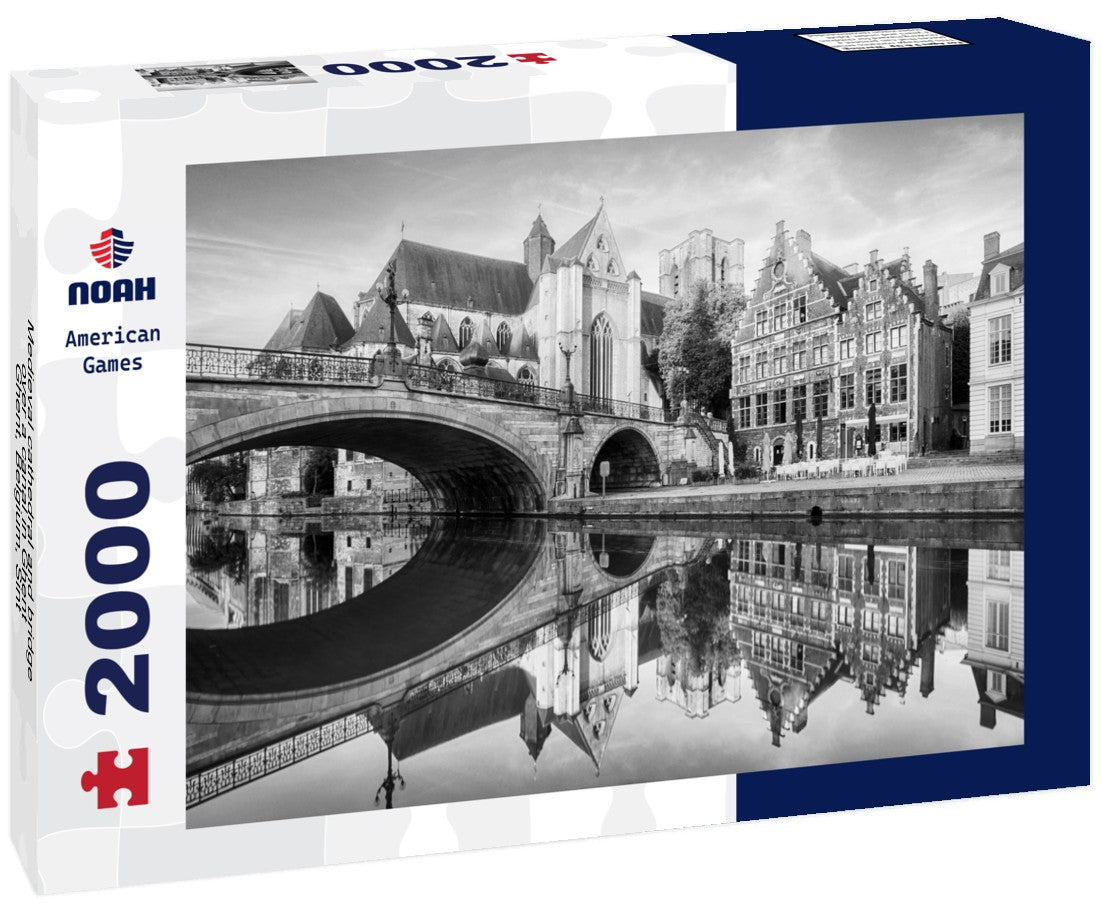 Medieval cathedral and bridge over a canal in Ghent - Ghent, Belgium, Sint - Michielskerk 2000pc PuzzleBlack and White