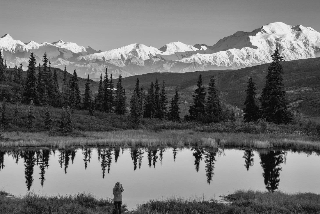 Alaska's Mount Denali floating on a calm pond at sunset, with clear blue skies above 2000pc PuzzleBlack and White