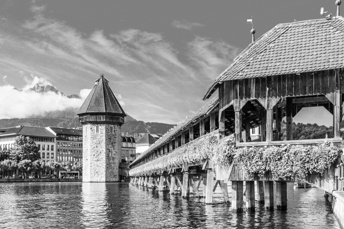 Noah Jigsaw Puzzle Lucerne, Switzerland. Historic city center with the famous Chapel Bridge and Mount Pilatus on the background. (Lake Lucerne) in black white 2000 pieces