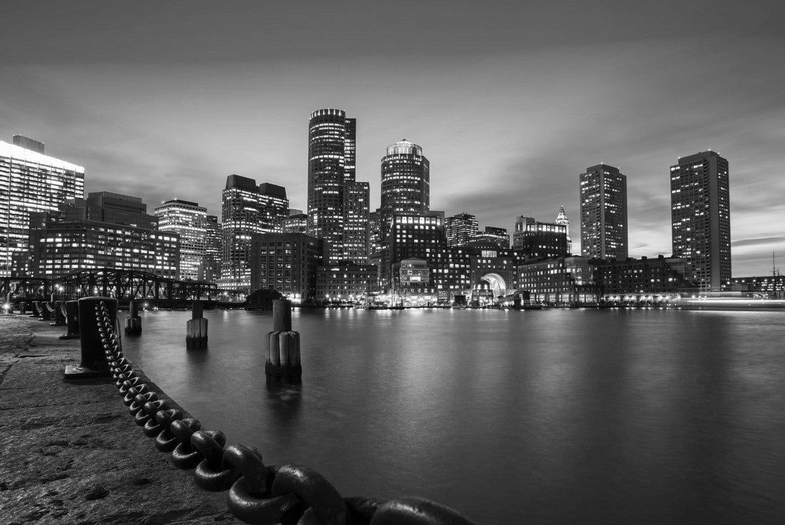 Noah Jigsaw Puzzle Boston Skyline from Downtown Harborwalk at dusk in black white 2000 pieces