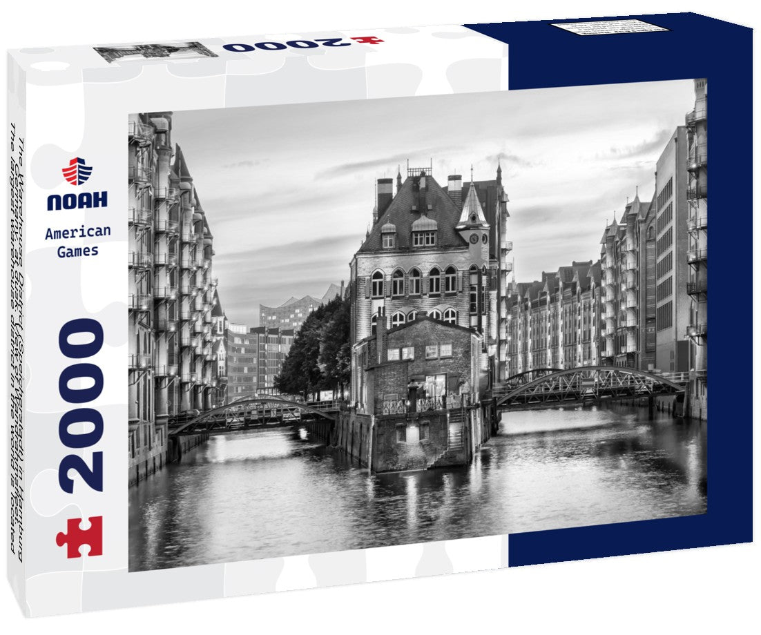 The Warehouse District (Speicherstadt) in Hamburg, Germany, at dusk. View of Wandrahmsfleet. The largest warehouse district in the world is located in the port of Hamburg within the HafenCity quarter 2000pc PuzzleBlack and White