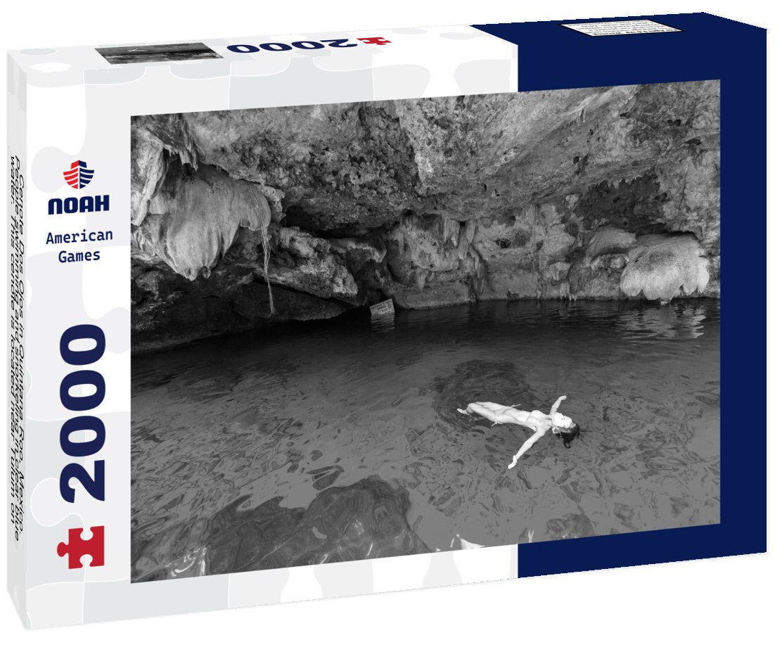 Cenote Dos Ojos in Quintana Roo, Mexico. People swimming and snorkeling in clear blue water. This cenote is located near Tulum on the Yucatan Peninsula, Mexico 2000pc PuzzleBlack and White