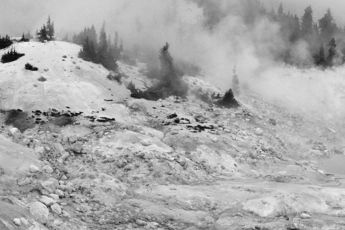 Geothermal area producing steam on colorful slopes. Bumpass hell area in Lassen volcanic national park in Californa, USA in fall. Turquoise lakes in the fog with cloudy sky 2000pc PuzzleBlack and White