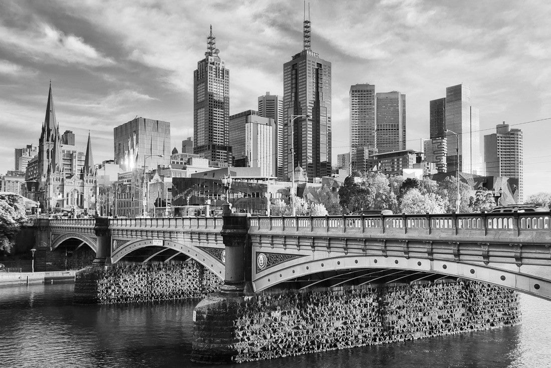 Warm morning light on high-rise towers in Melbourne CBD above Princes bridge across Yarra river 2000pc PuzzleBlack and White