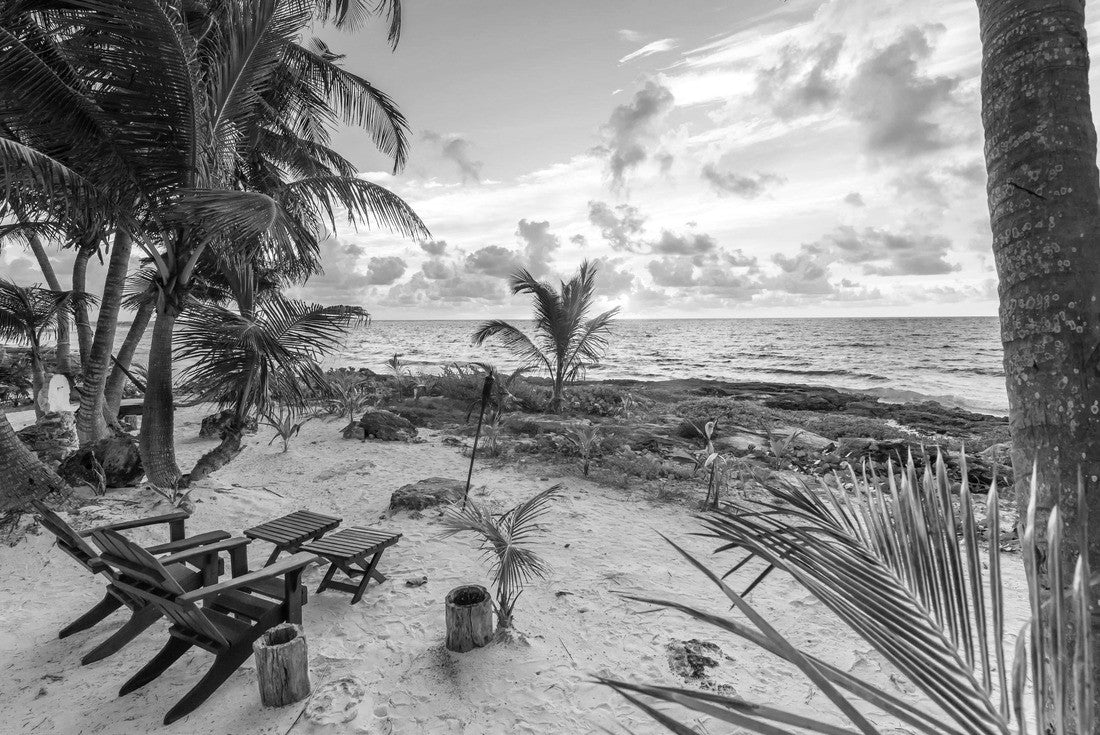 Sunset at Paradise Beach - chairs under the palm trees on the beach at the Tropical Resort. Riviera Maya - Caribbean coast in Tulum in Quintana Roo, Mexico 2000pc PuzzleBlack and White