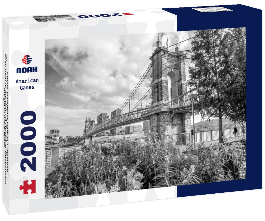 Smale Riverfront Park in Cincinnati, Ohio next to the John A Roebling Suspension Bridge 2000pc PuzzleBlack and White