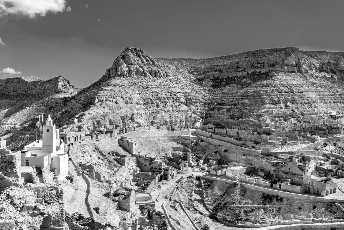 Noah Jigsaw Puzzle Panorama of Chenini, a fortified Berber village in the province of Tataouine, southern Tunisia in black white 2000 pieces