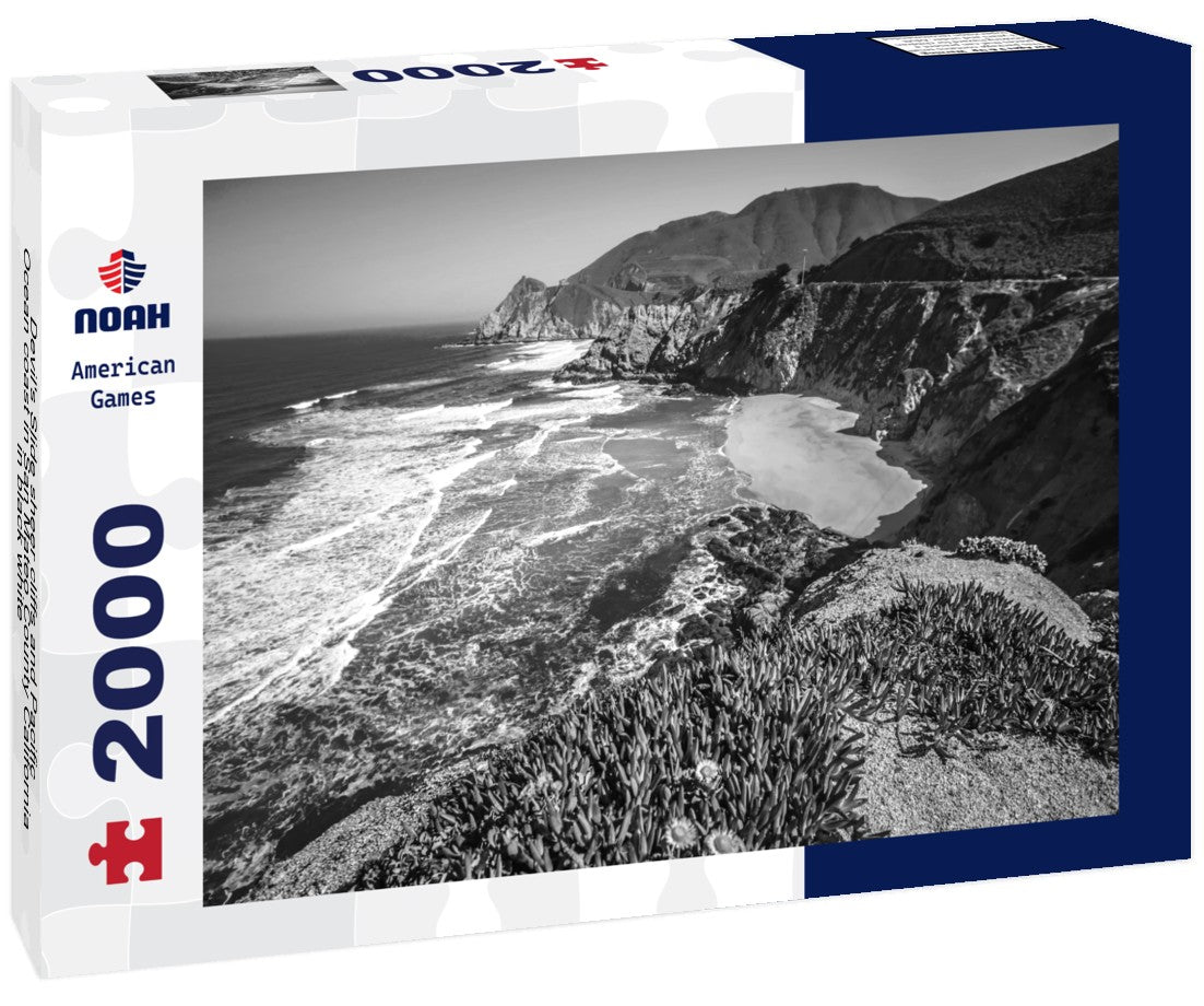 Devil's Slide sheer cliffs and Pacific Ocean coast in San Mateo County California 2000pc PuzzleBlack and White