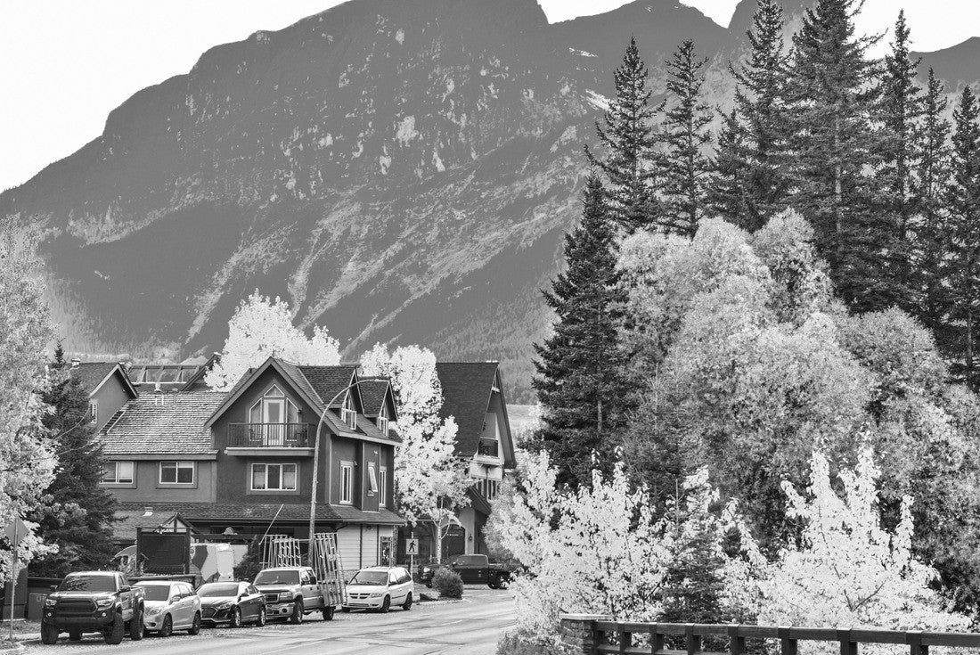 The streets of Canmore in the Canadian Rockies. Canmore is located in the Bow Valley near Banff National Park and is one of Canada's most famous towns in Canada 2000pc PuzzleBlack and White