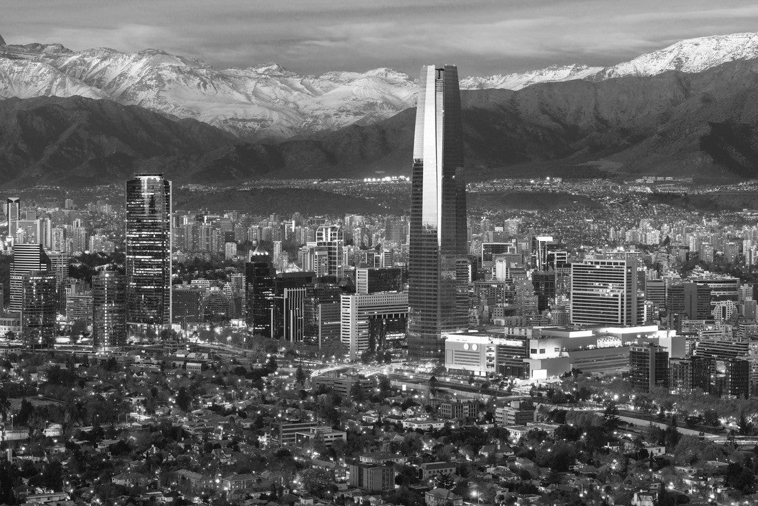 Noah Jigsaw Puzzle Panoramic view of the Providencia and Las Condes neighborhoods with Costanera Center skyscraper, Titan Tower and Los Andes mountain range, Santiago, Chile in black white 2000 pieces