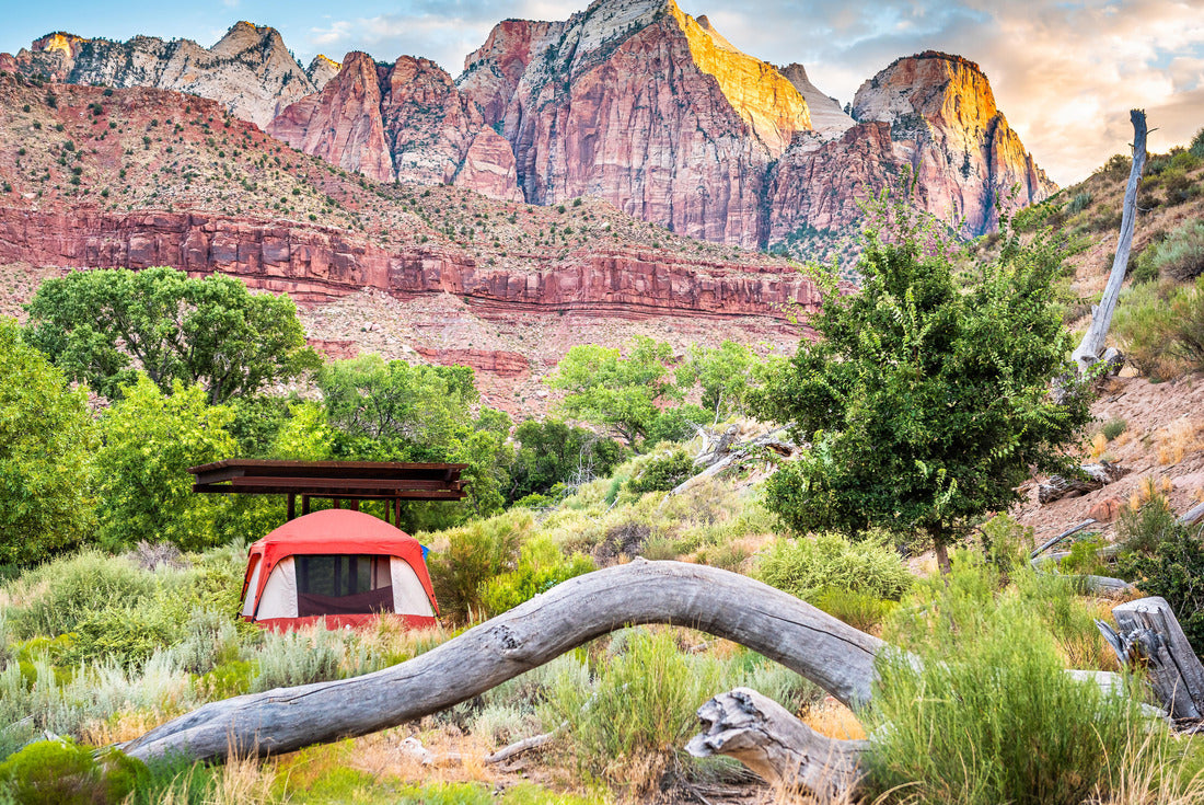 Zion National Park in Utah with tent camp site at Watchman Campground by rocks, plants trees and view of cliffs at sunset 2000pc Puzzle